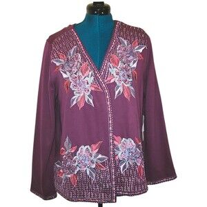 Soft Surroundings Women Dark Berry Open Front Cotton Playa Embroidered Jacket L